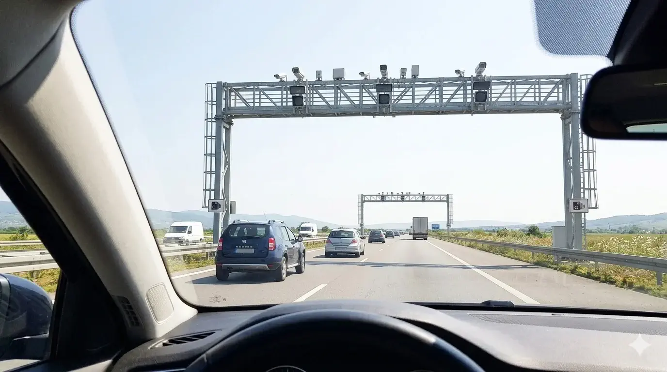 Автомобил преминава между две ТОЛ рамки с камери за измерване на средна скорост на магистрала