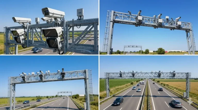 рамки с камери за секционен контрол на средната скорост — близък план на камерите и изглед на магистралата от различни ъгли