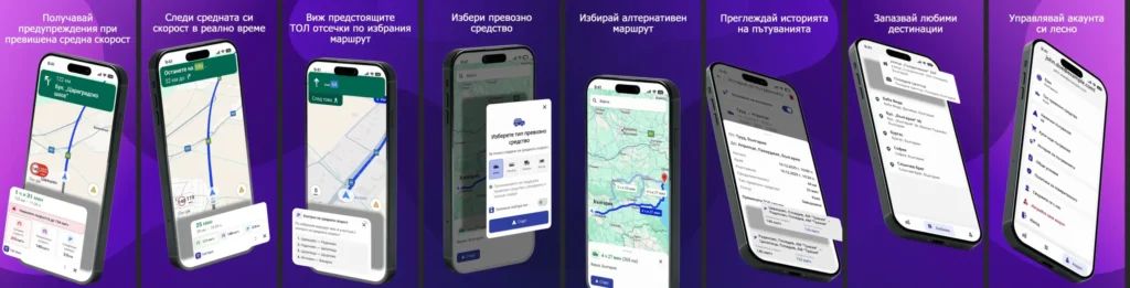 Функционалности на приложението Toll Navi — екрани от мобилното приложение показващи следене на средна скорост в реално време, предупреждения при превишаване, преглед на ТОЛ отсечки по маршрута, избор на превозно средство, алтернативни маршрути, история на пътуванията и любими дестинации