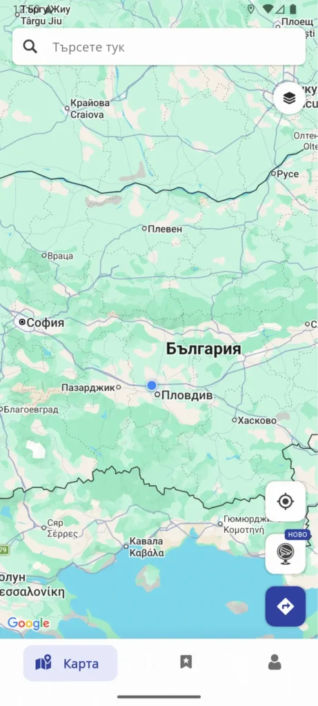 Главен екран на Toll Navi с поле за търсене и карта